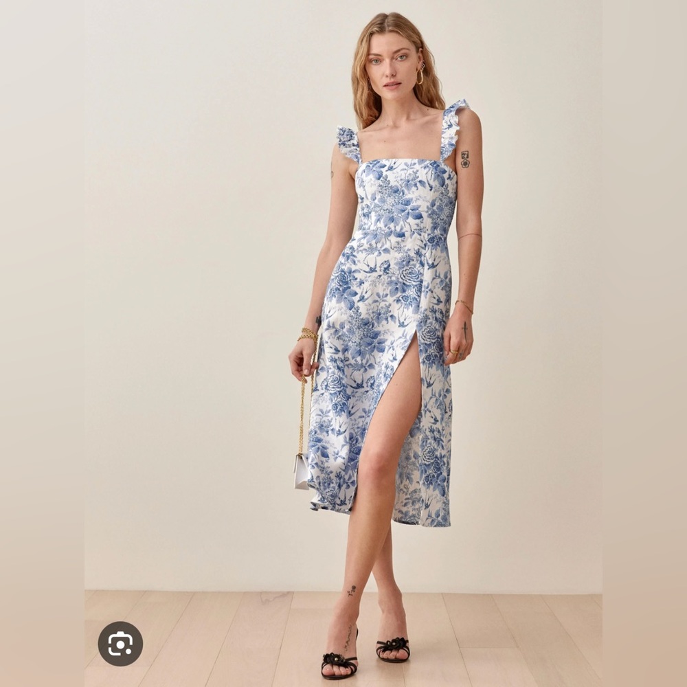 Reformation Spaulding Linen Midi Dress in Blue Floral
